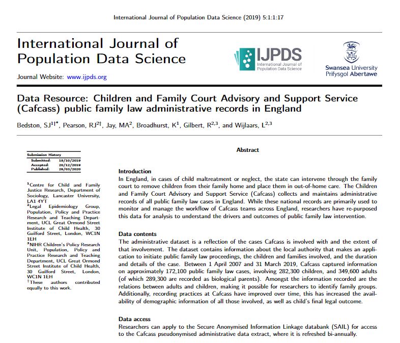 New article: Data Resource - Children and Family Court Advisory and Support Service (Cafcass) public family law administrative records in England